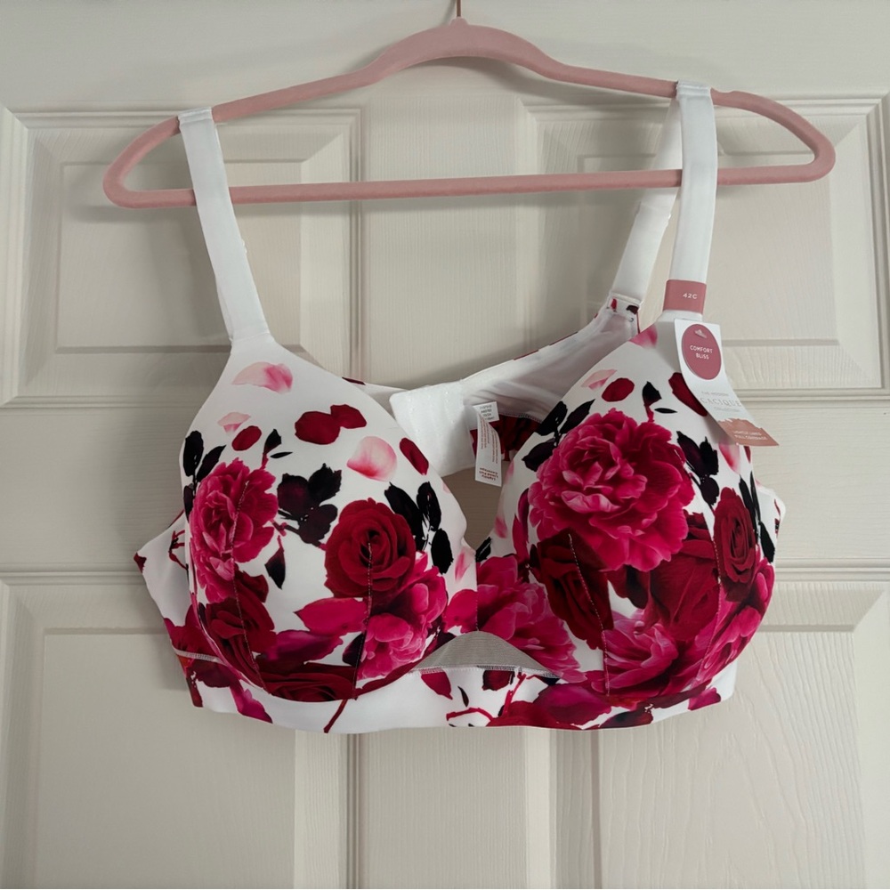 Women’s Floral Support Bra - White with Pink & Red Roses